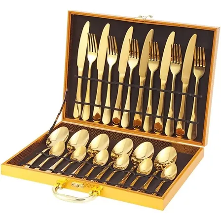 Faqueiro Dourado Kit 24 Pcs Luxo Com Maleta Premium  Complet Dourado